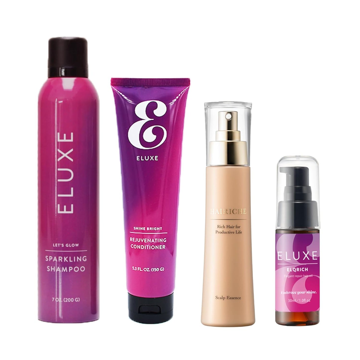 ELUXE Premium Total-Care Kit - Carbonic Acid Shampoo, Conditioner, HAIRICHE Scalp Essence, and Repairing Hair Oil - Anti-Frizz, Scalp Care for Thicker, Fuller, and Healthier Hair